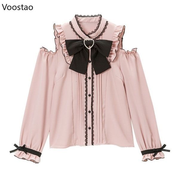 Blusas para mujer Camisas S-4XL Kawaii Mujer Camisas Lolita Arco Corazones Hebilla Blusa Y2k Japonés Hueco Manga larga Dulce Tops Oficina Señoras JK Camisa 230923