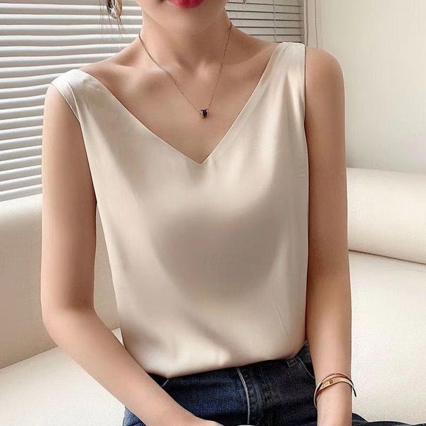 Blouses Femmes Chemises Satin Chemisier En Mousseline De Soie Femmes Été Col En V Sans Manches Élégant Bureau Dame Chemise En Soie Femmes Tops Style Français Plus SI