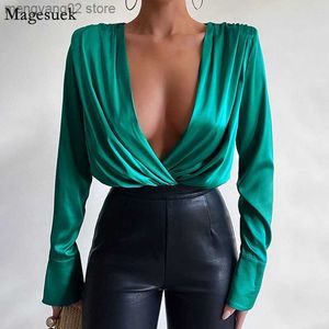 Women's Blouses Shirts Sexy Deep V-Neck Satin Bodysuit Shirts Ladies 2023 Silk Blouse vrouwen Casual losse kantoor dame geplooDed Long Sleeve tops 19379 T230508
