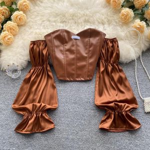 Blouses -shirts voor dames sexy faux lederen strapless tops vrouwen lange mouw stevige ritssluiting slanke veer uit schouder pu short shirtswomen's