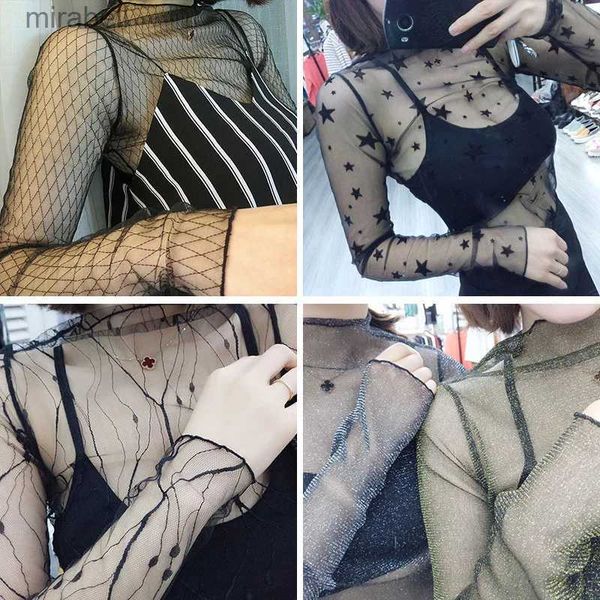 Damesblouses Overhemden Sexy Mesh Transparante blouses Tops Kleding Ongevoerd Bovenkledingstuk Lange mouw Netto-build Koreaanse mode-jas ds50 YQ240117