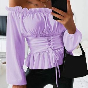 Damesblouses Shirts Sexy Off Shoulder Blouse Dames Mode Solid Ruffled Ladoes Dames Tops Herfst Casual Lace Up Corset Blusa Fem