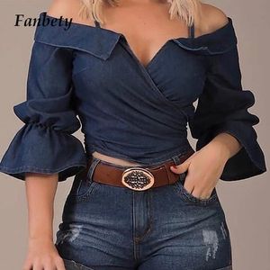 Blouses -shirts voor dames sexy off schouder sling ontwerp casual geplooide flare mouw wrap shirt tops mode zomerpatroon print vrouwen blusa