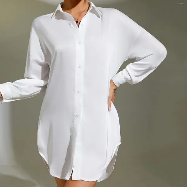 Blouses pour femmes Chemises Pyjamas sexy Vêtements de maison en soie glacée peuvent être portés à l'extérieur Blouse boutonnée à manches longues pour les femmes noir blanc