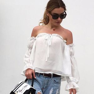 Women's Blouses Shirts Sexy Slash Neck Off Shoulder White Blouse Tops Women Geplooed Chiffon Ruffle Casual Summer Lange Mouw Plus Size