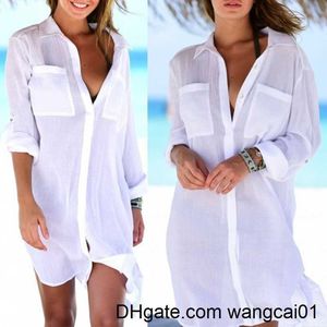 Chemisiers pour femmes Chemises Sexy Transparent Beach Cover Up Femmes Chemise Blouses Blanc Long Seve Turn-down Collar Lady Tops Summer Casual Fa Shirts 4123