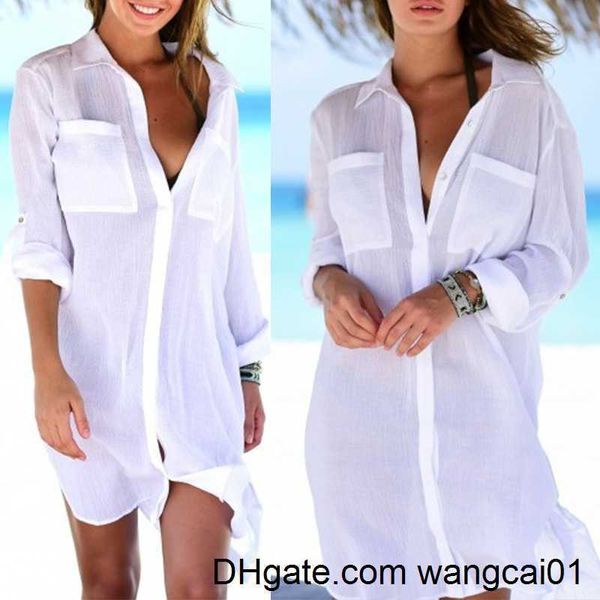 Blusas de mujer Camisas Sexy Playa transparente Cubrir Camisa de mujer Blusas Blanco Largo Seve Turn-down Collar Lady Tops Verano Casual Fa Camisas 4123