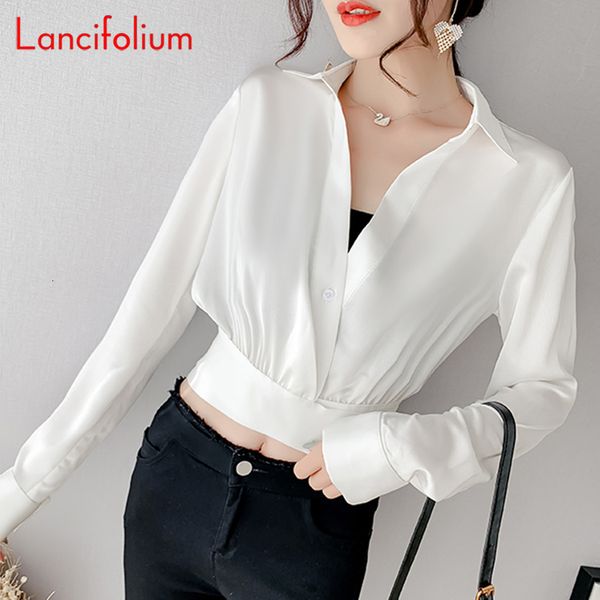 Blouses pour femmes Chemises Sexy Blanc Recadrée Été Mode Coréenne À Manches Longues Chemise Dames Designer Col En V Wrap Top 230220