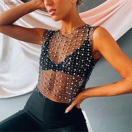 Blouses pour femmes Chemises Sheer Pearl Strass Perles Beach Cover-Ups Sexy Crop Tops Maillot de bain Cover Up Chemisier sans manches T-Shirt en maille pour femme YQ240118