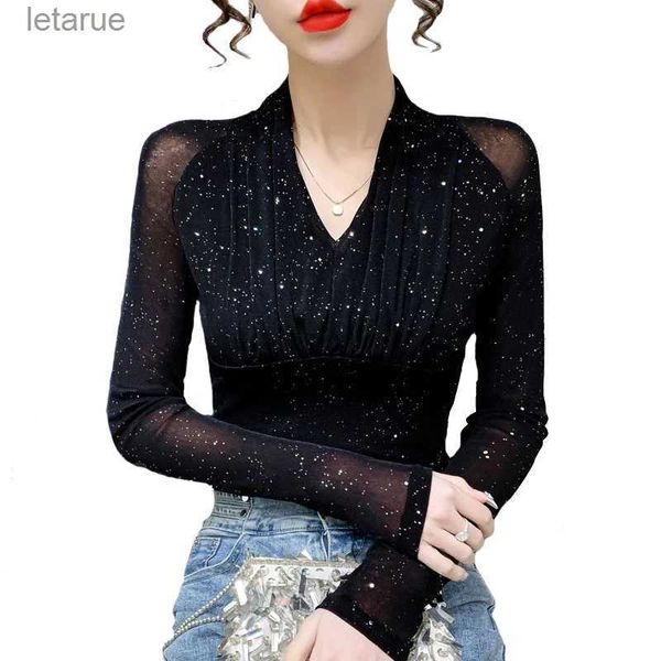 Chemisiers pour femmes chemises brillant brillant soie maille hauts pour femmes vêtements automne hiver à manches longues chemise à bascule col en v mince plissé noir t-shirt YQ240118