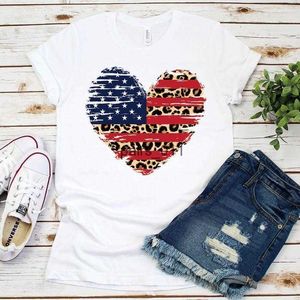 Blusas para mujer Camisas Camisas Bandera estadounidense Leopardo EE. UU. Camisa del 4 de julio Manga corta Algodón O Cuello Streetwear Moda Gráfica Gota 240229