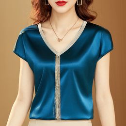 Blouses voor damesoverhemden shirts en blouses Fashion Woman Silk Tops Solid V-Neck Satin Bat Sleeve voor vrouwen Elegante kantoor dame losse casual 15494 230516