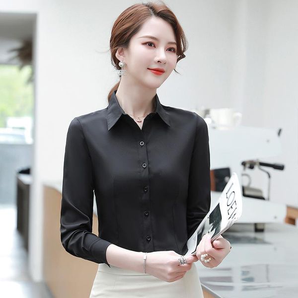 Blouses Femmes Chemises Simple Solid Office Lady Blouse À Manches Longues Femmes Automne Printemps 2023 Noir Blanc Chemise Simple Boutonnage Femme Tissu