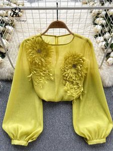 Chemises de chemisiers pour femmes Singrainy Spring Loose Satin Shirt Womens O-Colk à manches longues Bohemian Top 2024 Fleur 3D Fleur Casual2405 Transparent