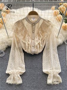 Blouses voor dames shirts singreiny elegante Franse blouse vrouwen temperament zoete ruches losse casual tops lente lange mouw streetwear wit 230227