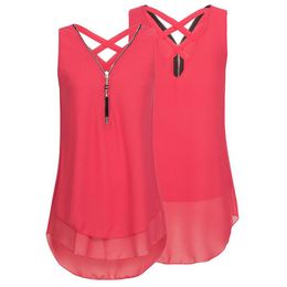 Blusas de mujer, camisas, blusa sin mangas con cuello en V y cremallera de gasa para mujer, Tops informales sueltos de verano para mujer, Color sólido de talla grande