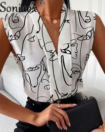 Blusas de mujer Camisas Sin mangas con cuello en V Camisa pulóver Estampado de moda de verano Tops ajustados sexy Blusa informal de estilo británico para mujer 230428