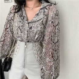 Blouzen voor dames shirts slangafdruk lovertjes blouse glitter dames top lange mouw button down shirt voor vrouwen herfst blouse Korean mode shorts pakken 220923