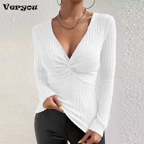 Blouses pour femmes Chemises Solide Élégant Tricoté À Manches Longues Col En V Sexy Fit Pull Femmes Noué Pull Tricots Automne Hiver Bureau Dame Blouse 230908