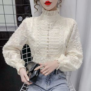 Women's Blouses & Shirts Solid Elegant Korean Blouse Women Spring Lace Designer Chiffon Female Office Lady Casual French Button Tops 2022Wom