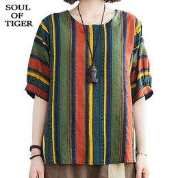 Women's Blouses Shirts Soul of Tiger 2023 Britse modestijl dames zomer casual dames gestreepte tops en vrouwelijke losse kleding