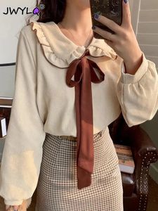 Blouses pour femmes Chemises Printemps Automne Corduroy Kawaii Bow Peter Pan Col Vintage Mignon Manches Longues Femmes Vêtements Tout match Doux 231016