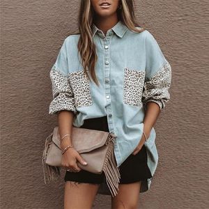 Dames Blouses Shirts Spring Herfst Mode Luipaard Print Stitching Dames Denim Jas Pocket Losse Lange Mouw Single Breasted Lady Casual