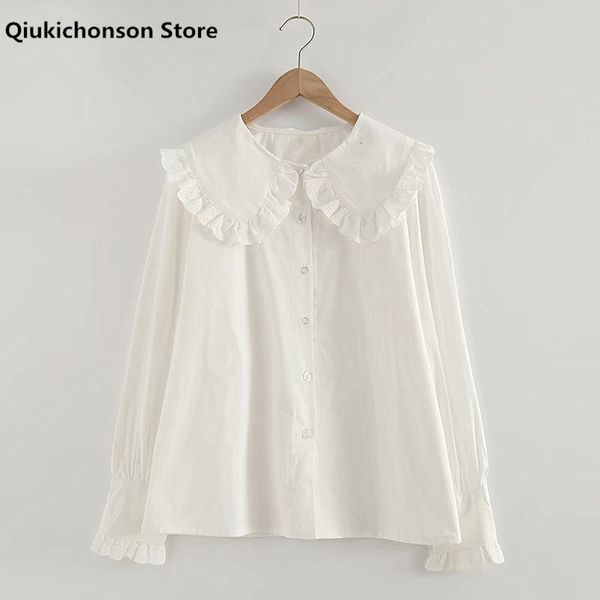 Chemisiers pour femmes Chemises Printemps Automne À Manches Longues Chemise Blanche Femmes Japonais Lolita Blouse Kawaii Évider Broderie Volant Peter Pan Chemises À Col 230317