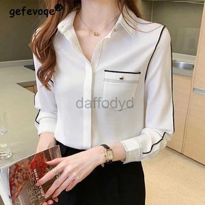 Blouses-shirts voor dames lente herfst nieuwe polo-neck elegant mode patchwork chiffon blouse femme femme lange mouw all-match vest vesting dames casual shirt 240411