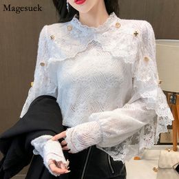 Blouses -shirts voor dames Spring Haak Lace Witte Witte Vrouwen Lange mouw Casual Chic Floral Ladies Office Shirt Tops Blusas 13025 230510