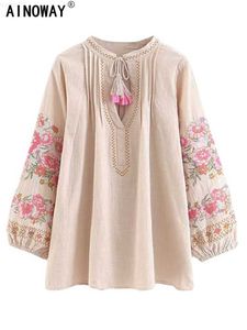 Blusas Femininas Camisas Primavera Moda Feminina Borla Bordado Floral Linho Algodão Praia Blusa Boêmia Camisas Tops Manga Longa Camisa Boho Solta L230712