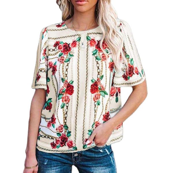 Blusas de mujer Camisas Primavera Verano 2021 -Venta de buena calidad precio de fábrica Camiseta de manga corta con cuello redondo estampada a la moda