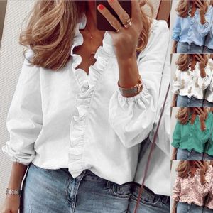 Blouses shirts voor dames lente zomer lange mouwen gegolfde vneck dames ruches stiksel letter print blouse tops femme blusas y2k top