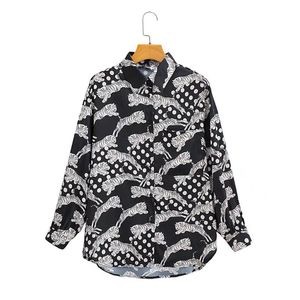 Blouses -shirts voor dames Spring dames mode wilde dieren print zijden satijnen textuur shirt casual revers reve patch pocket pocket top chi