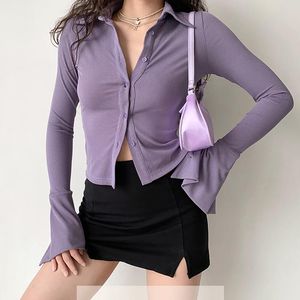 Blouses Femmes Chemises Street Style À Manches Longues Slim Femmes Chemise Courte Sexy Bouton Solide Dames Blouse 2022 Automne Femme Crop Top Bureau