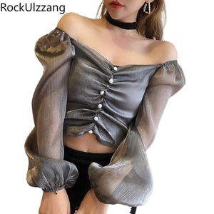 Blusas de mujer Camisas Streetwear Estética Manga larga Fuera del hombro Perlas cuadradas Botón Crop Top Mujer Camisa corta sexy Blusa Vendaje G