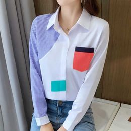 Dames Blouses Shirts Gestreepte Steek Losse Lange Mouwen Koreaanse Mode Zomer Kleding Vintage Top Vetement Femme 2021