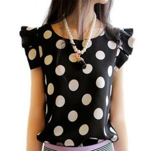 Blusas de mujer Camisas Verano Estilo de gasa Blusa de mujer Tops Polka Dot Ruffled Camisa de manga corta plisada Mujer O Cuello Negro Blanco Blusa