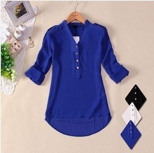 Blouses femme Chemises été élégant à manches longues col en v soie femmes chemisiers en mousseline de soie solide bleu noir blanc Blouse dames chemises femme Blusas 230915