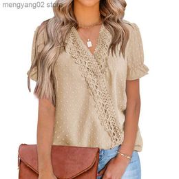 Blouses voor dames shirts Summer Fashion V-Neck Lace Jacquard Patchwork Pompon Chiffon Shirts Top Women Solid Ruffle Short Sleeve Loose Casual Wild Blouse T230508