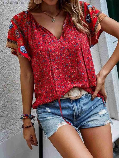 Chemises pour femmes Chemises d'été imprimées floraux Blans pour femmes mode V cou court Slve boho plage tops décontractés féminins