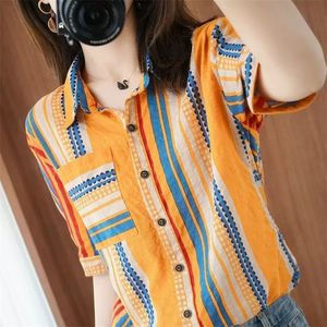 Blouses voor dames shirts zomer Korea mode dames korte mouw draai kraag katoen linnen gestreepte shirts helemaal afgestemde casual losse blouses m169 230414