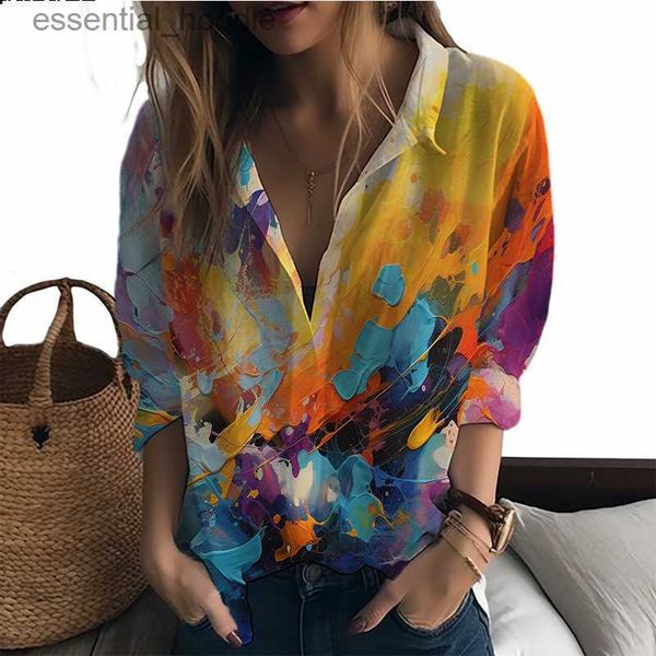 Chemisiers pour femmes Chemises Été nouvelle dame chemise rendu des couleurs 3D imprimé dame chemise style décontracté tendance de la mode décontractée looseL230919