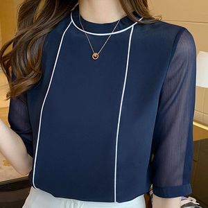 Blouzen voor dames shirts zomer o-neck blauw chiffon shirt tops korte mouw blusas mujer de Moda f97 230211