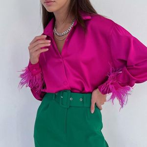 Blusas para mujer Camisas Camisa de verano para mujer Rosa roja Seda de hielo Costura Diseño de plumas de avestruz Moda de manga larga de un solo pecho