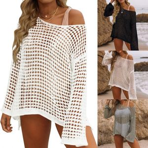 Blusas de mujer Camisas Tops de verano Beach Crochet Hollow Out Bikini de manga larga Traje de baño Mesh Cover Up Boho Femme Blusa Work C