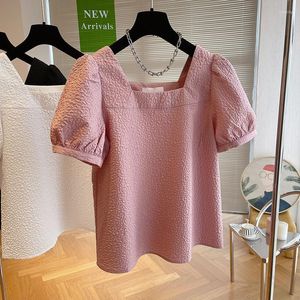 Blouses voor dames shirts Superaen roze losse Koreaanse stijl shirt gerimpelde bubbel mouw top korte zomer vierkante sleutelpop