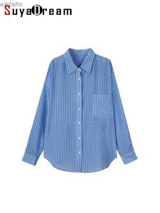 Damesblouses Overhemden SuyaDream dames gestreept overhemd 100% zijde crêpe off-shoulder blauwe top 2024 lente/zomer kantoor dames losse topL240328
