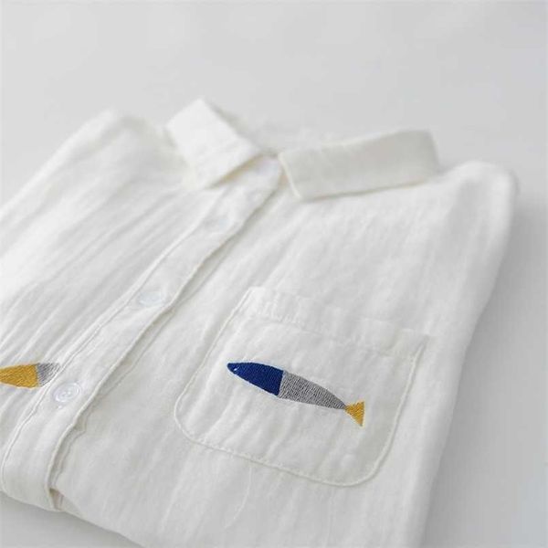 Blouses pour femmes Chemises Doux mignon poisson de natation broderie à manches longues en fil de coton chemise chemisier JG411F3 220923