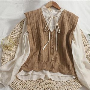 Blusas para mujer Camisas Moda dulce Conjunto de 2 piezas Mujeres Sólido con cordones Cuello de hoja de loto Camisa de manga larga y chaleco de punto 2021 Tops de otoño